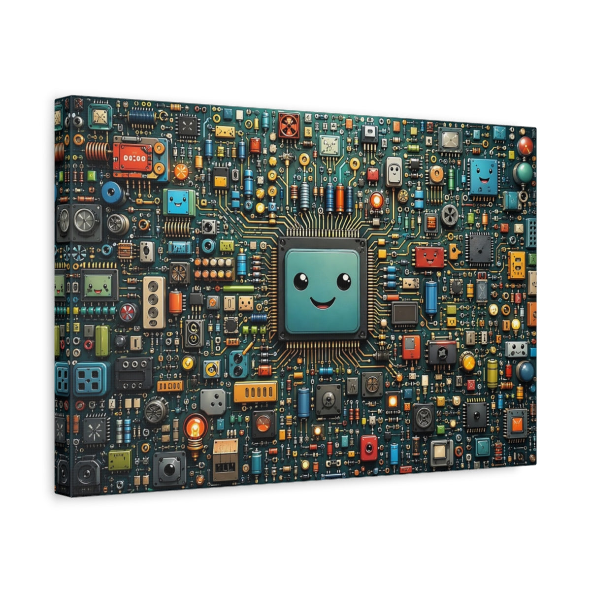 Side Mockup 4. Science Fiction Smiling Microchip Colorful Circuit Board shown as stretched canvas wall art