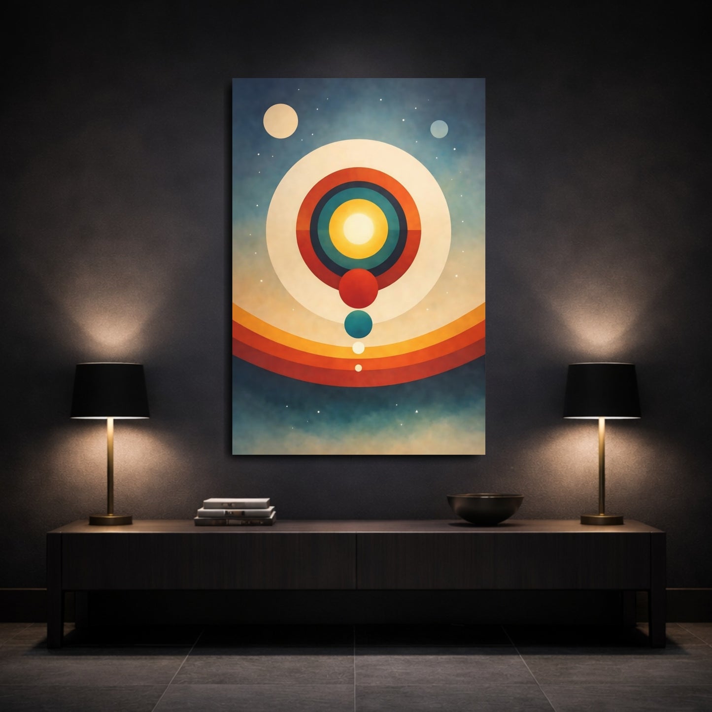 Mockup 2. Science Fiction Solar System Retro Space Art shown as stretched canvas wall art