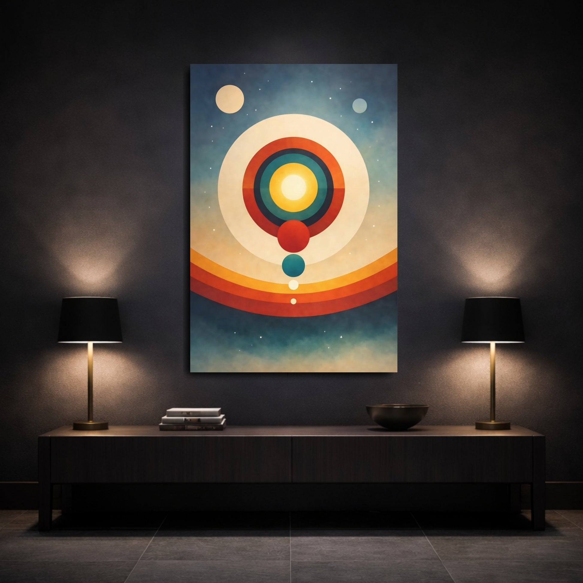 Mockup 2. Science Fiction Solar System Retro Space Art shown as stretched canvas wall art
