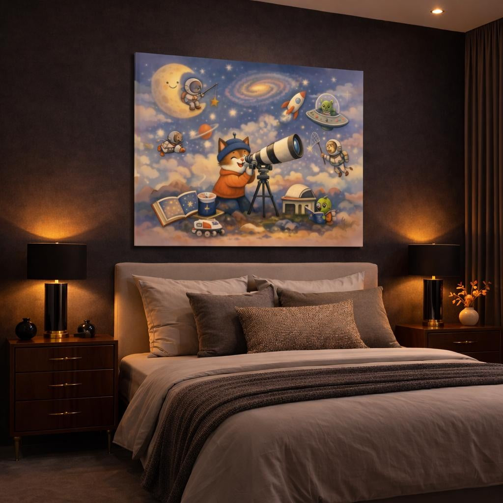 Science Fiction Space Animals Dreamy Space Art shown as canvas wall art in a luxury bedroom