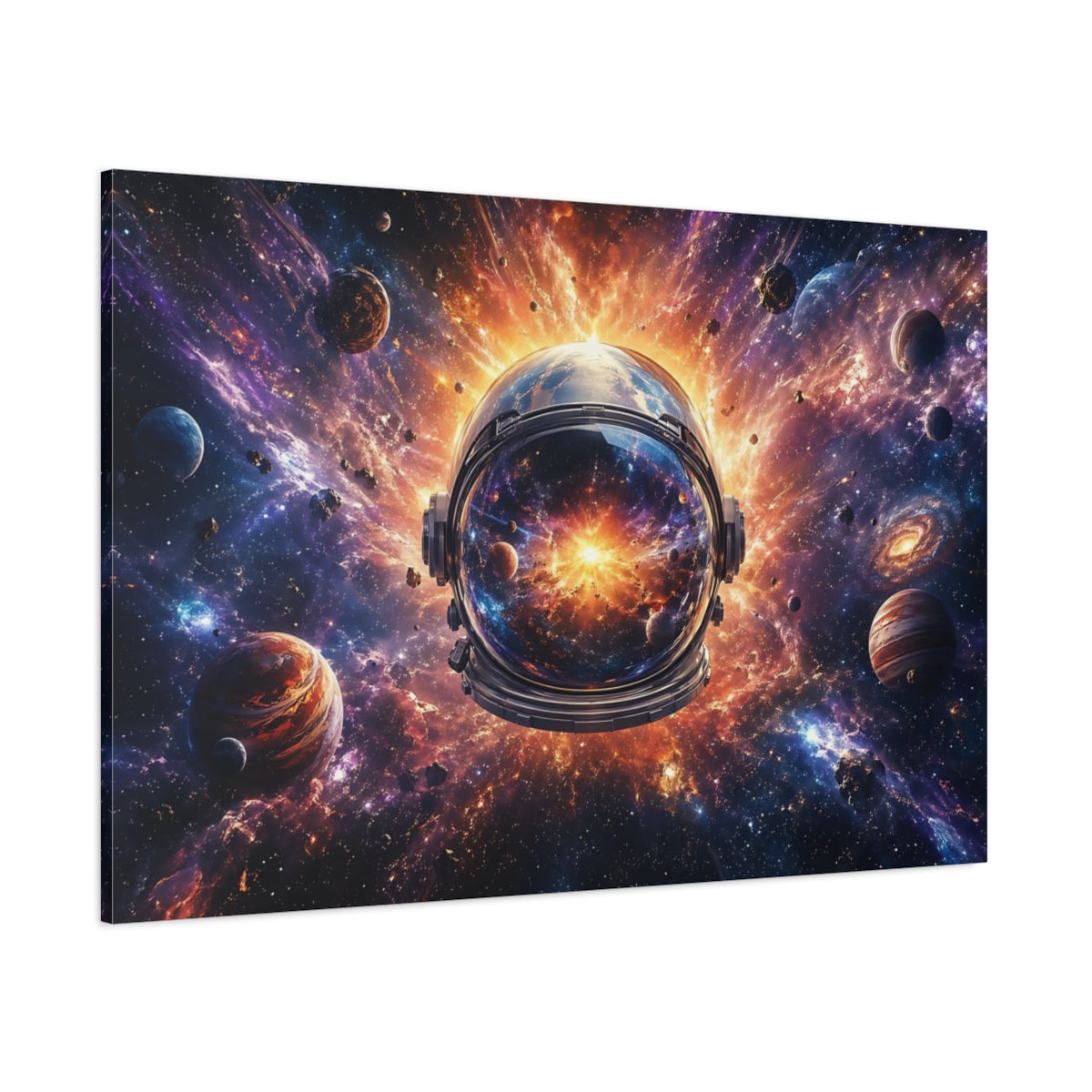 Side Mockup 1. Science Fiction Space Helmet Purple Orange Galaxy shown as stretched canvas wall art