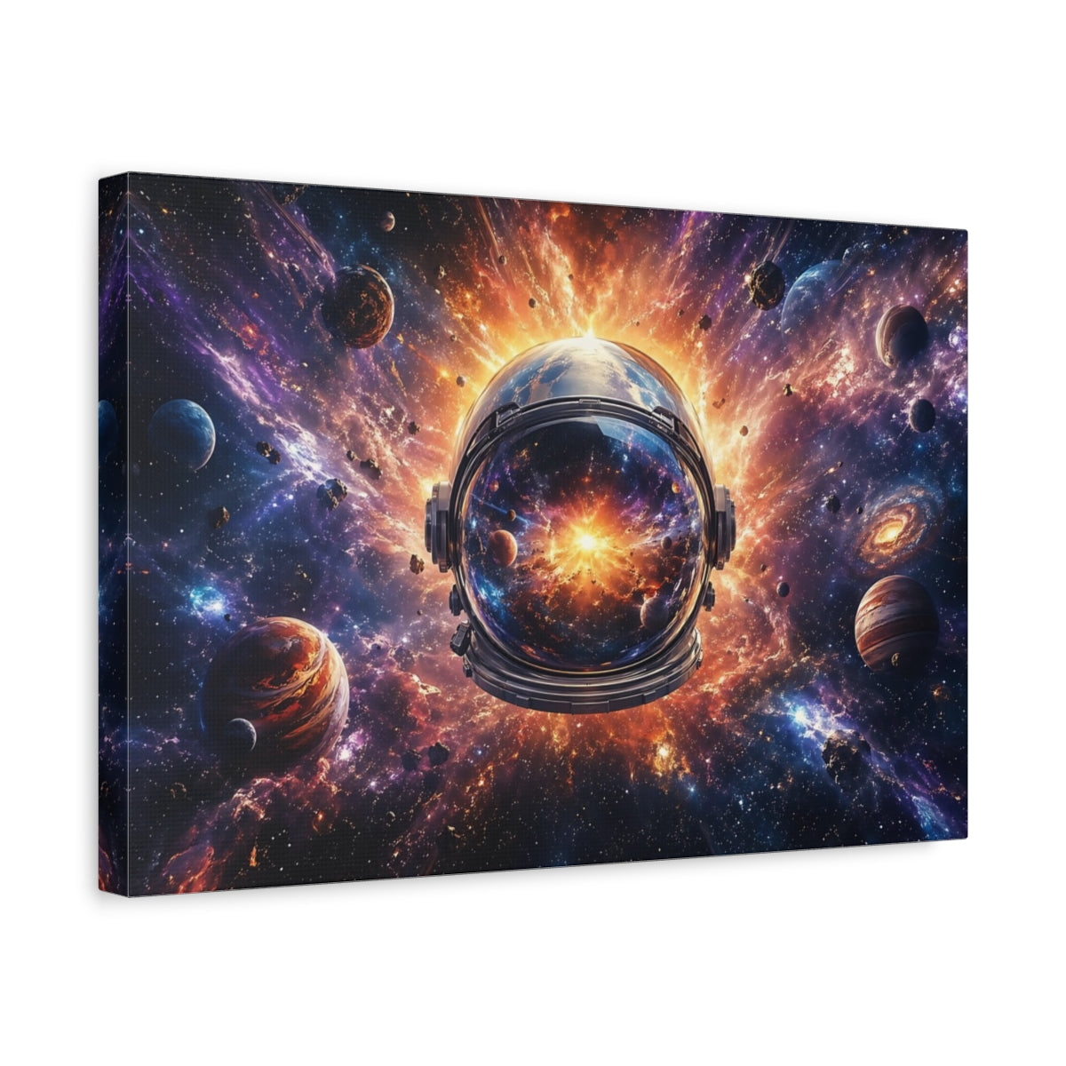 Side Mockup 4. Science Fiction Space Helmet Purple Orange Galaxy shown as stretched canvas wall art