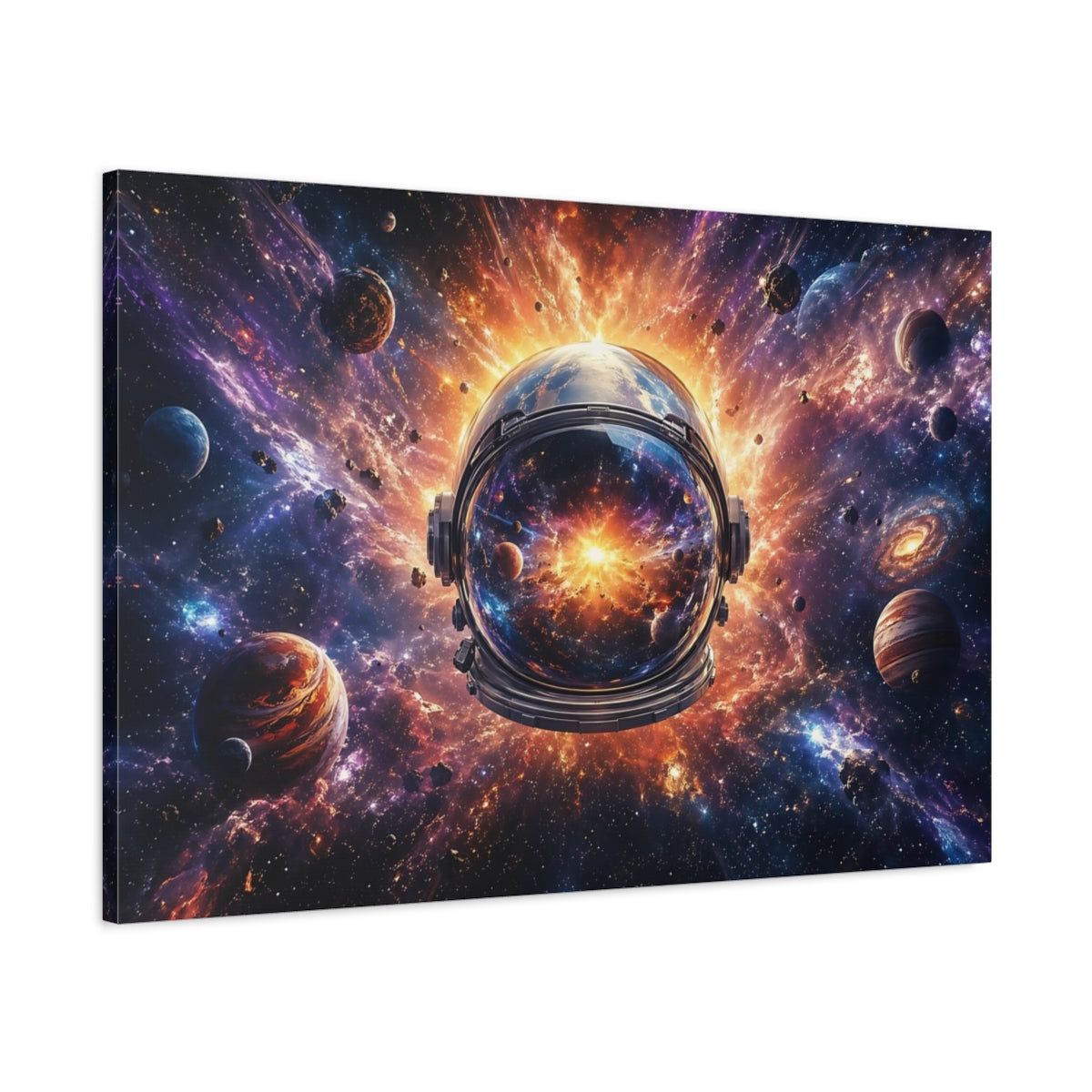 Main Mockup. Science Fiction Space Helmet Purple Orange Galaxy shown as stretched canvas wall art