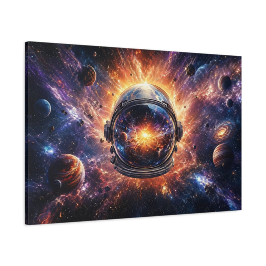 Main Mockup. Science Fiction Space Helmet Purple Orange Galaxy shown as stretched canvas wall art