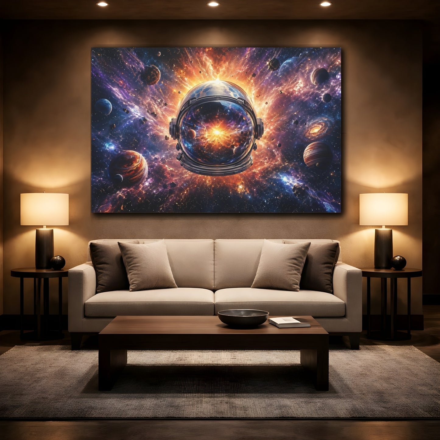 Mockup 2. Science Fiction Space Helmet Purple Orange Galaxy shown as stretched canvas wall art