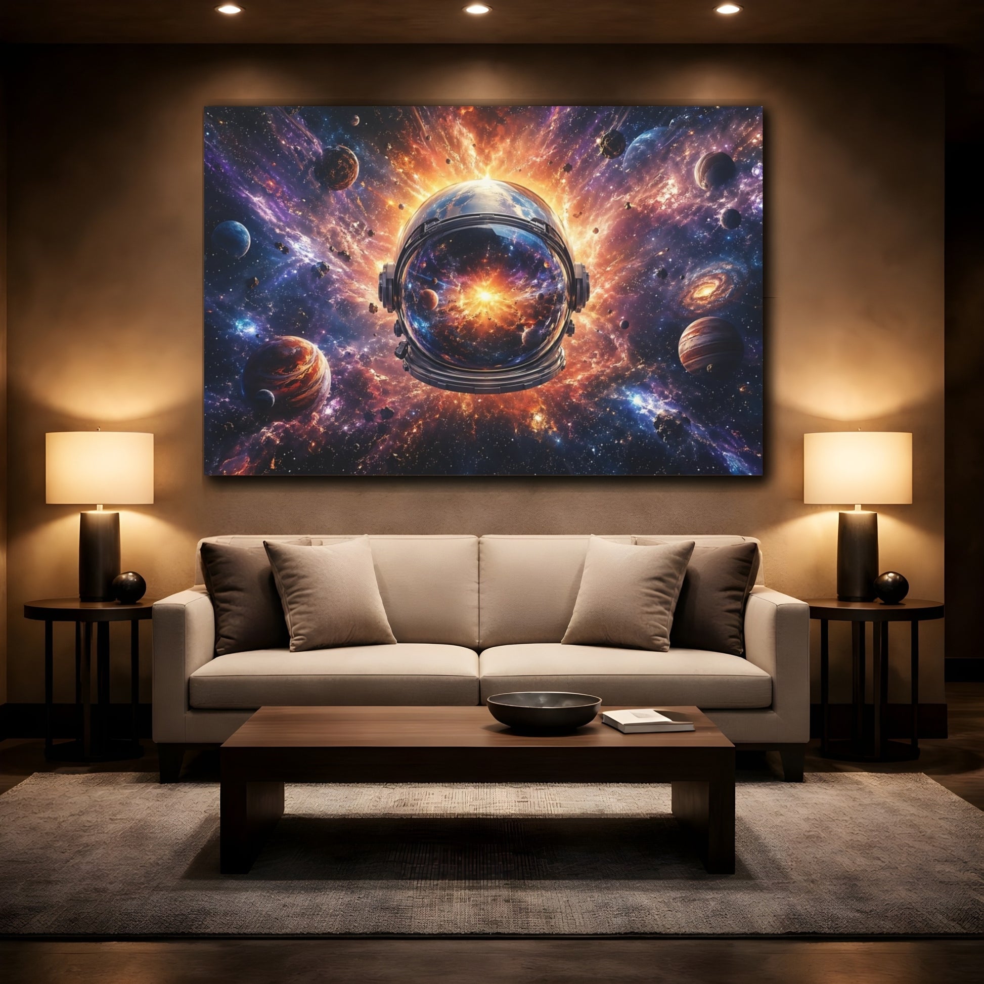 Mockup 2. Science Fiction Space Helmet Purple Orange Galaxy shown as stretched canvas wall art