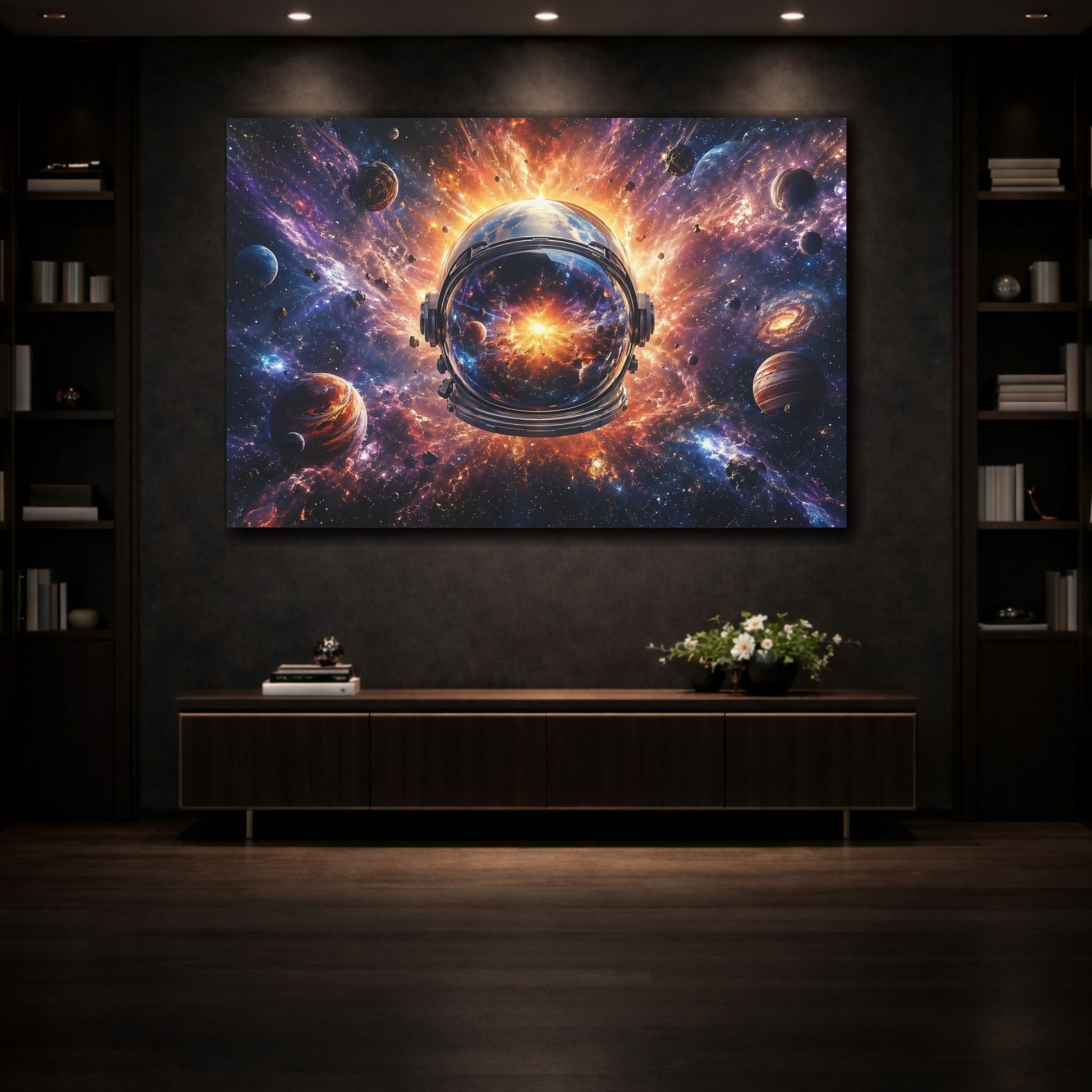Mockup 3. Science Fiction Space Helmet Purple Orange Galaxy shown as stretched canvas wall art