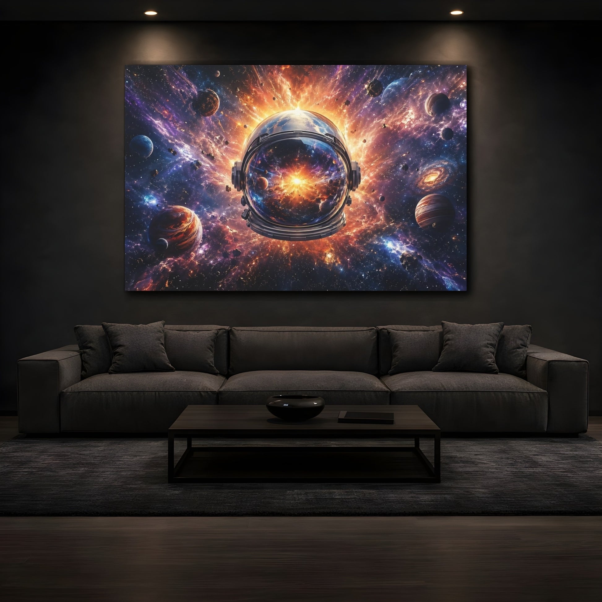 Mockup 4. Science Fiction Space Helmet Purple Orange Galaxy shown as stretched canvas wall art