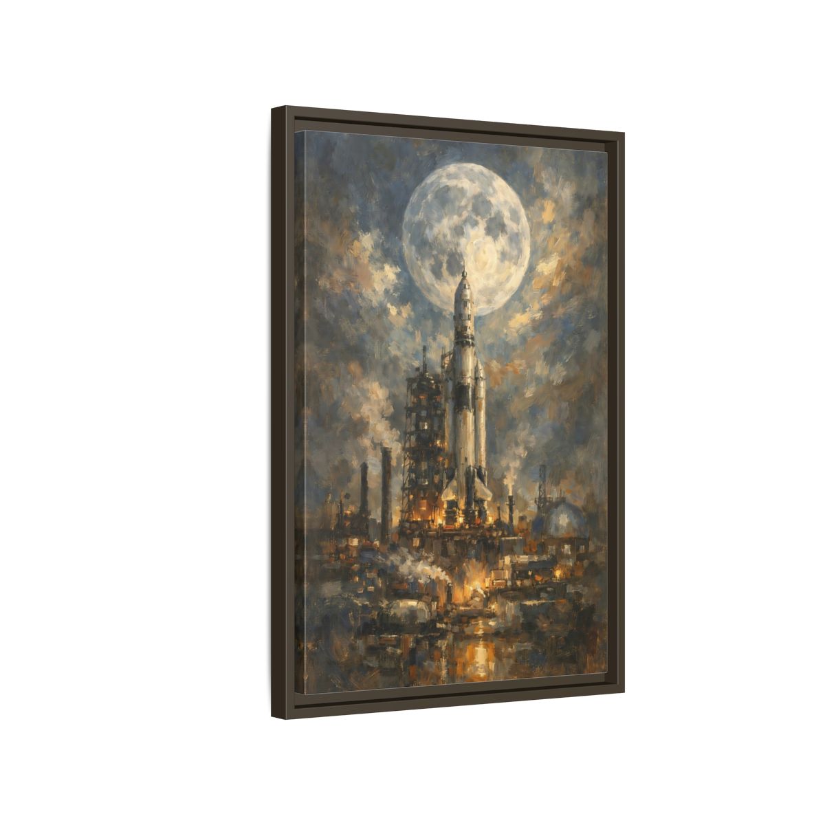 Side Mockup 2. Science Fiction Space Rocket Blue And Gold Rocket shown as stretched canvas wall art