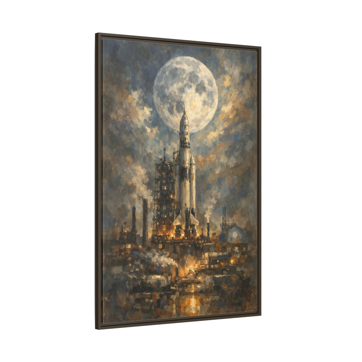 Side Mockup 8. Science Fiction Space Rocket Blue And Gold Rocket shown as stretched canvas wall art