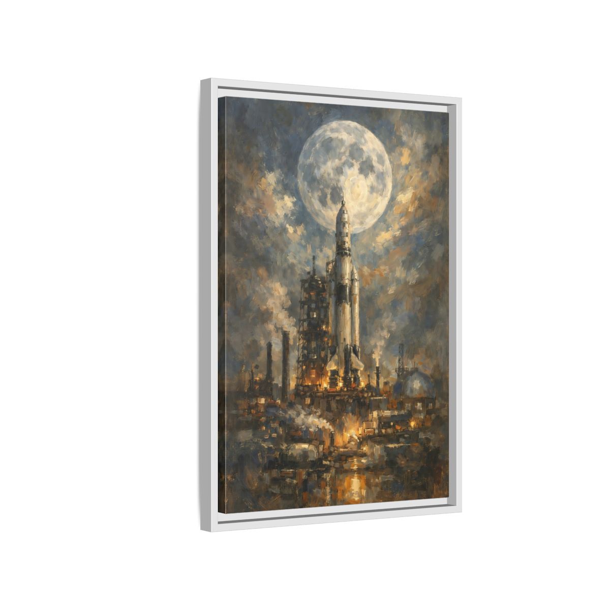 Side Mockup 1. Science Fiction Space Rocket Blue And Gold Rocket shown as stretched canvas wall art