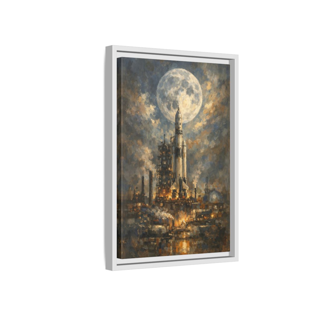 Side Mockup 4. Science Fiction Space Rocket Blue And Gold Rocket shown as stretched canvas wall art