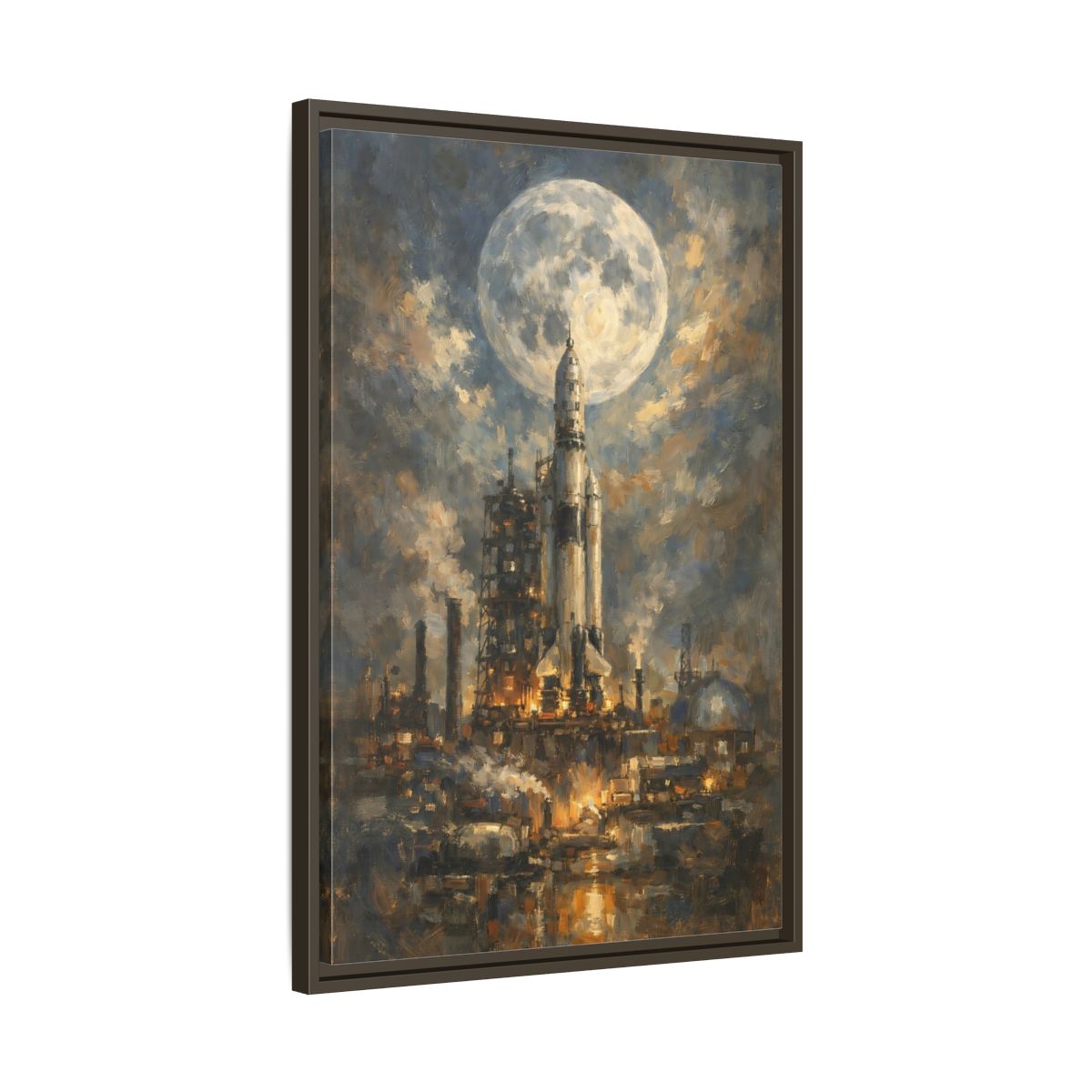Side Mockup 12. Science Fiction Space Rocket Blue And Gold Rocket shown as stretched canvas wall art