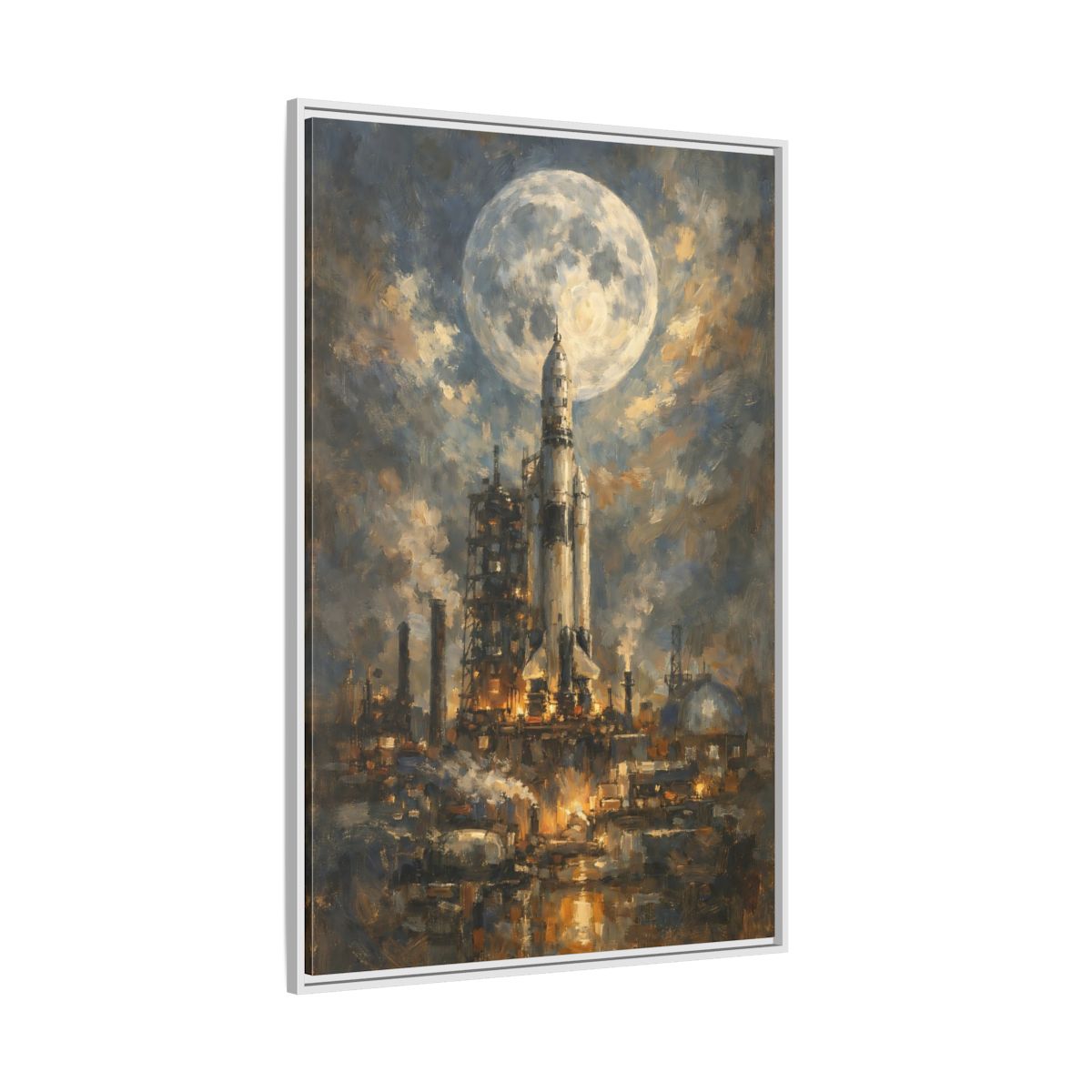 Side Mockup 7. Science Fiction Space Rocket Blue And Gold Rocket shown as stretched canvas wall art