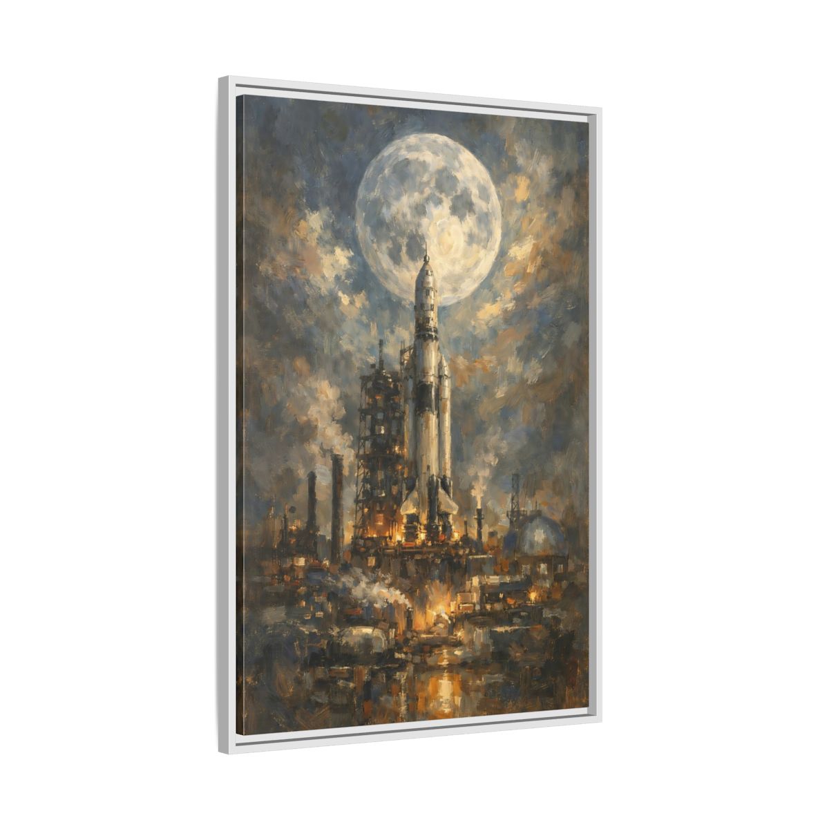 Side Mockup 9. Science Fiction Space Rocket Blue And Gold Rocket shown as stretched canvas wall art
