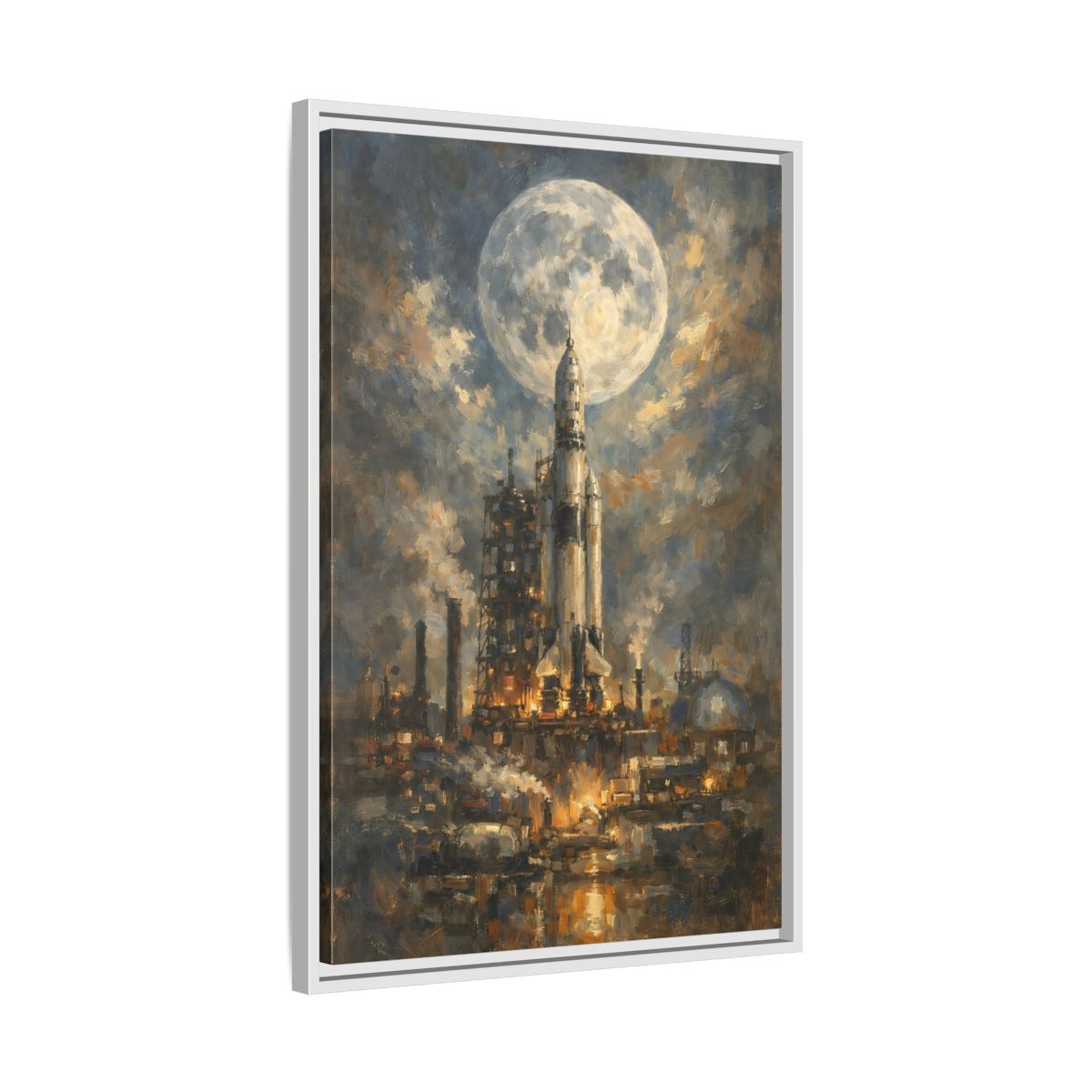 Side Mockup 11. Science Fiction Space Rocket Blue And Gold Rocket shown as stretched canvas wall art
