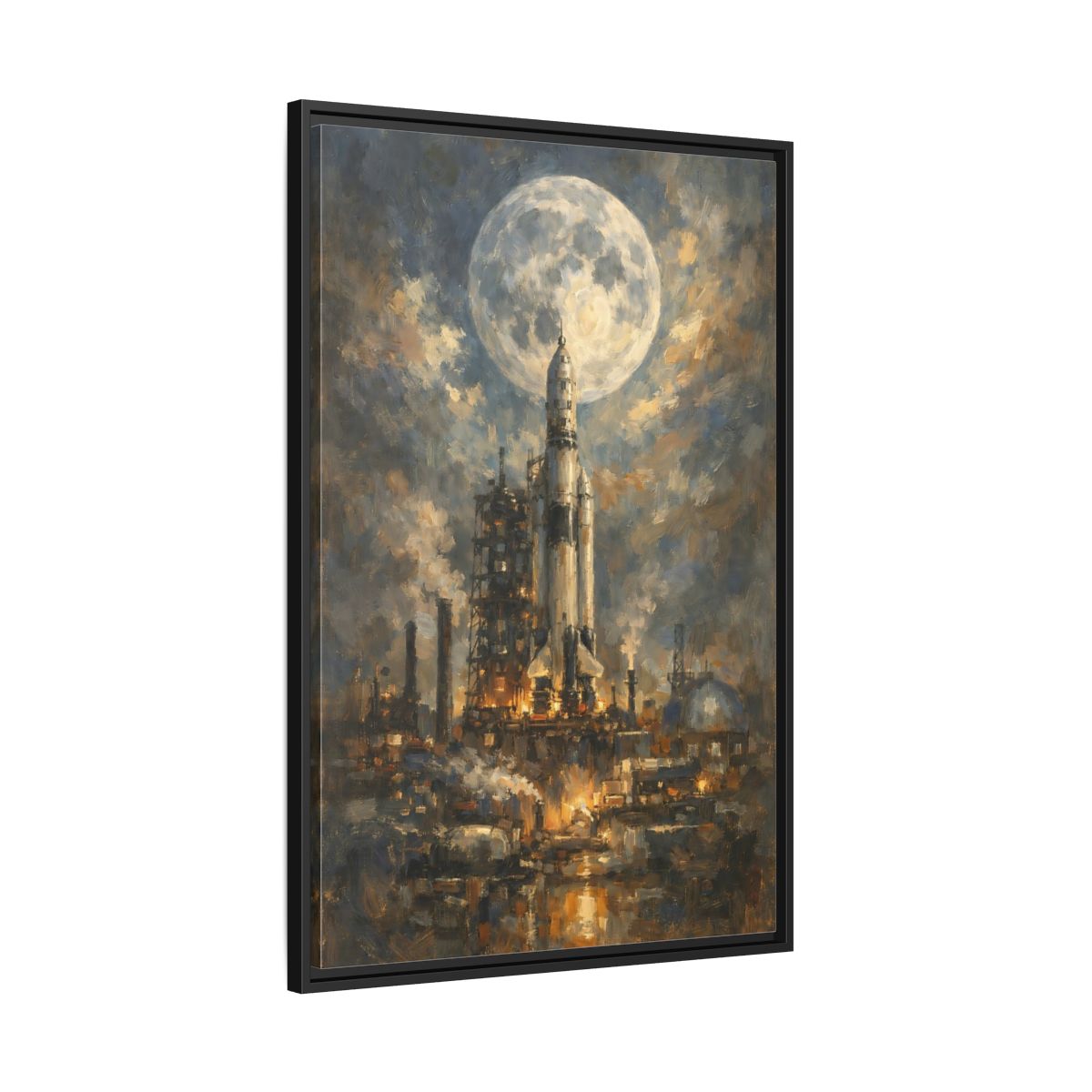 Side Mockup 13. Science Fiction Space Rocket Blue And Gold Rocket shown as stretched canvas wall art