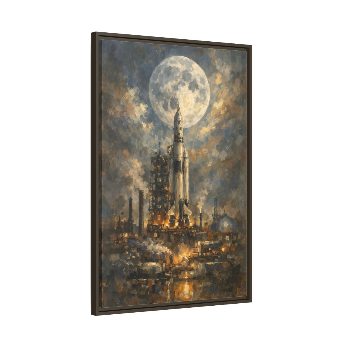 Side Mockup 10. Science Fiction Space Rocket Blue And Gold Rocket shown as stretched canvas wall art
