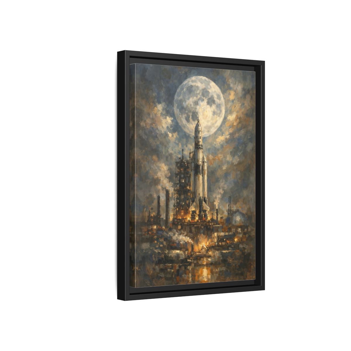 Side Mockup 6. Science Fiction Space Rocket Blue And Gold Rocket shown as stretched canvas wall art