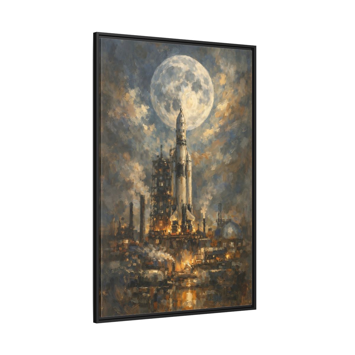 Main Mockup. Science Fiction Space Rocket Blue And Gold Rocket shown as stretched canvas wall art