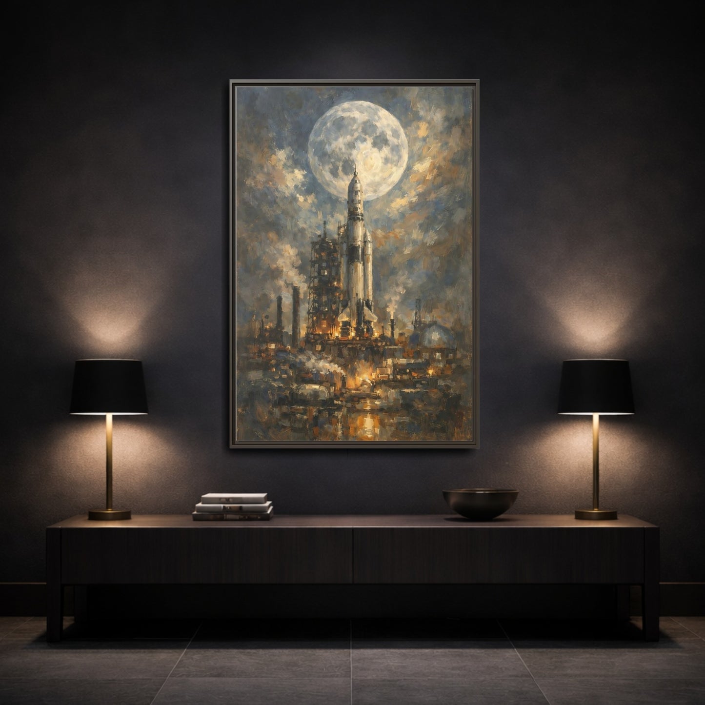 Mockup 2. Science Fiction Space Rocket Blue And Gold Rocket shown as stretched canvas wall art
