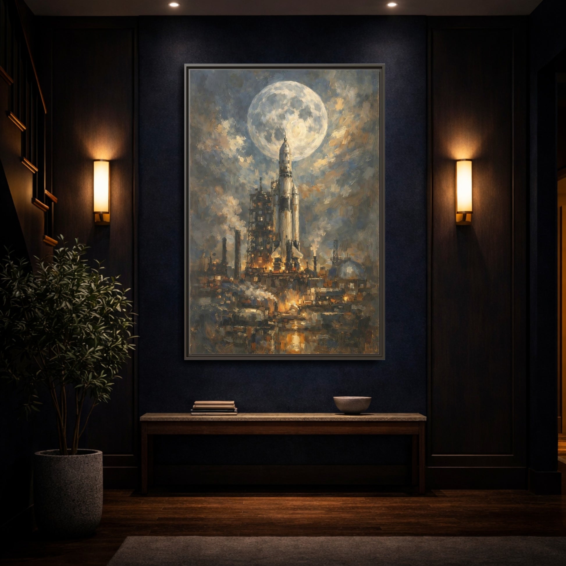 Mockup 3. Science Fiction Space Rocket Blue And Gold Rocket shown as stretched canvas wall art