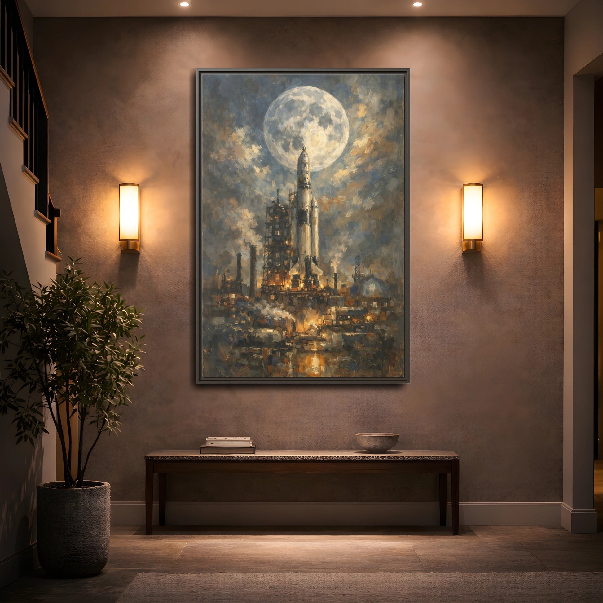 Mockup 4. Science Fiction Space Rocket Blue And Gold Rocket shown as stretched canvas wall art
