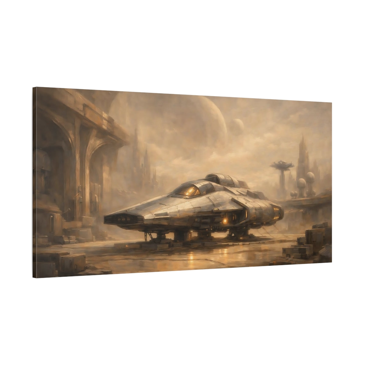 Main Mockup. Science Fiction Spaceship Brown And Gold shown as stretched canvas wall art
