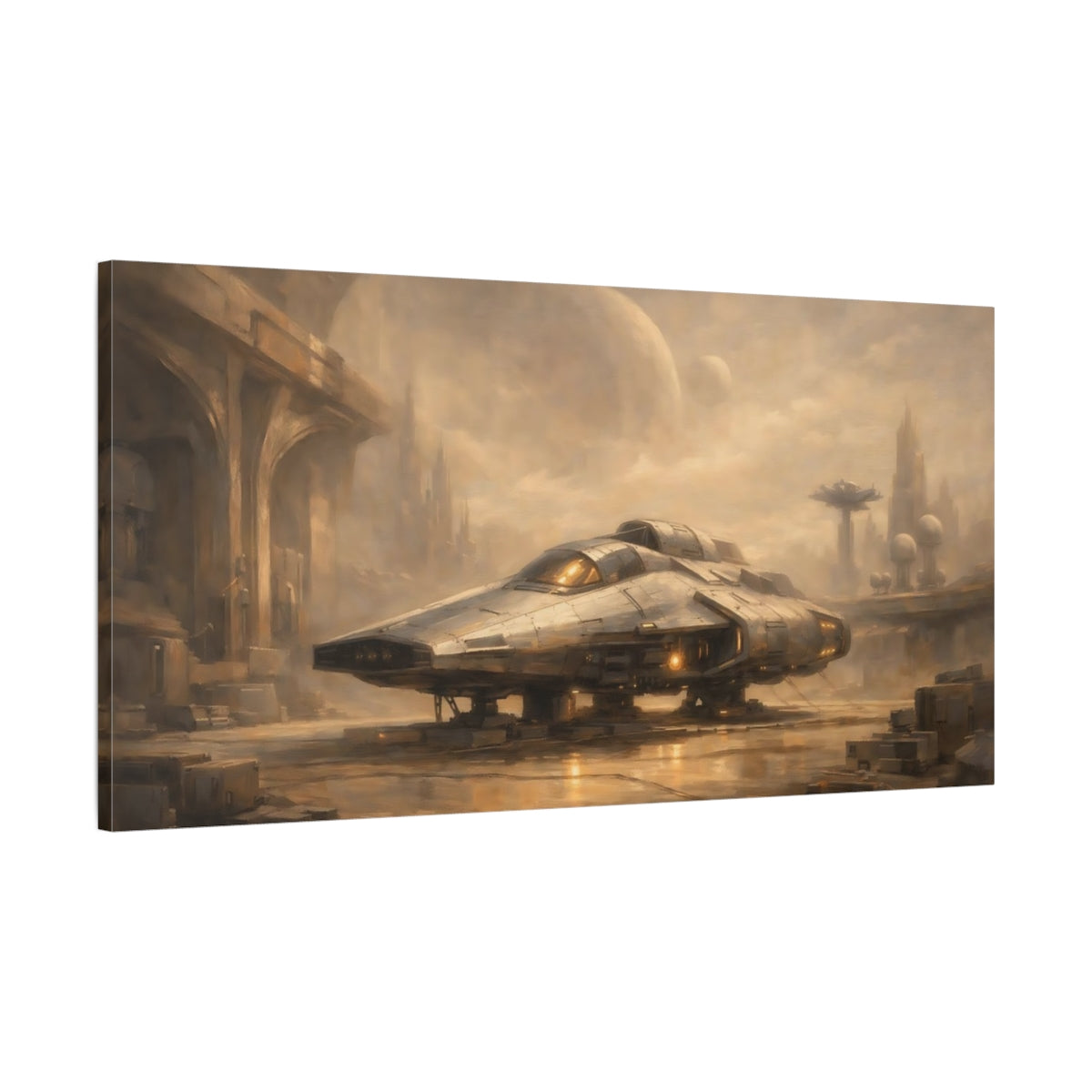 Side Mockup 1. Science Fiction Spaceship Brown And Gold shown as stretched canvas wall art
