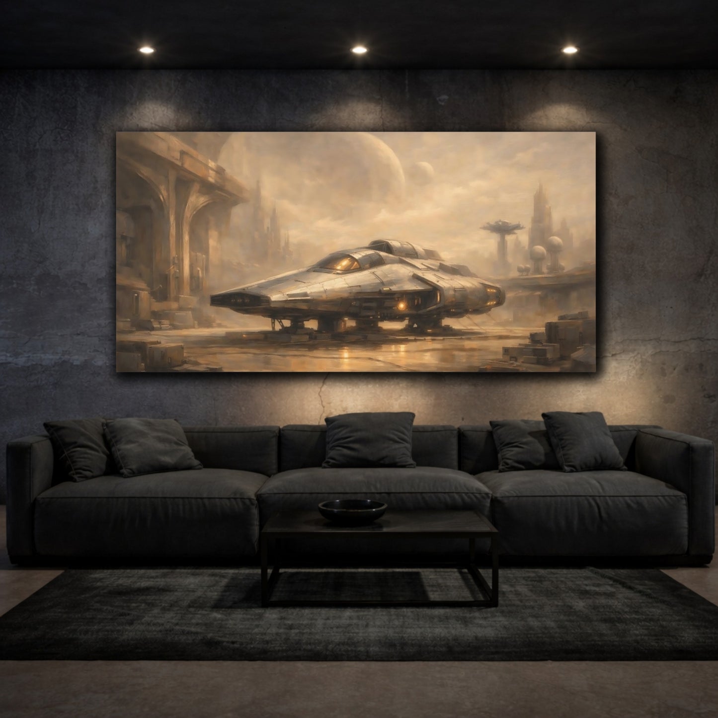 Mockup 2. Science Fiction Spaceship Brown And Gold shown as stretched canvas wall art