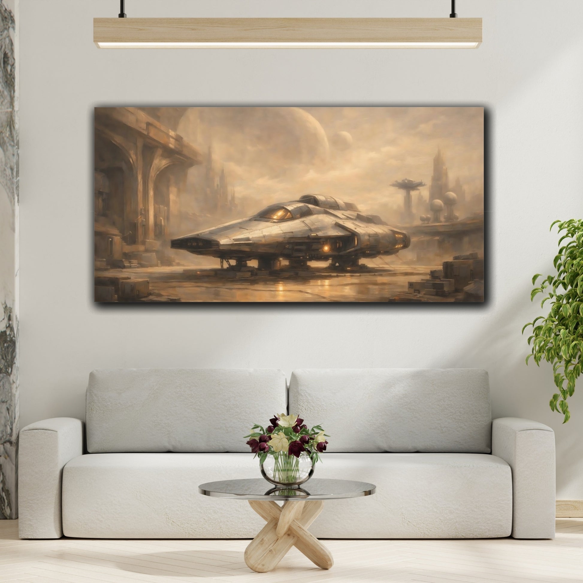 Mockup 3. Science Fiction Spaceship Brown And Gold shown as stretched canvas wall art