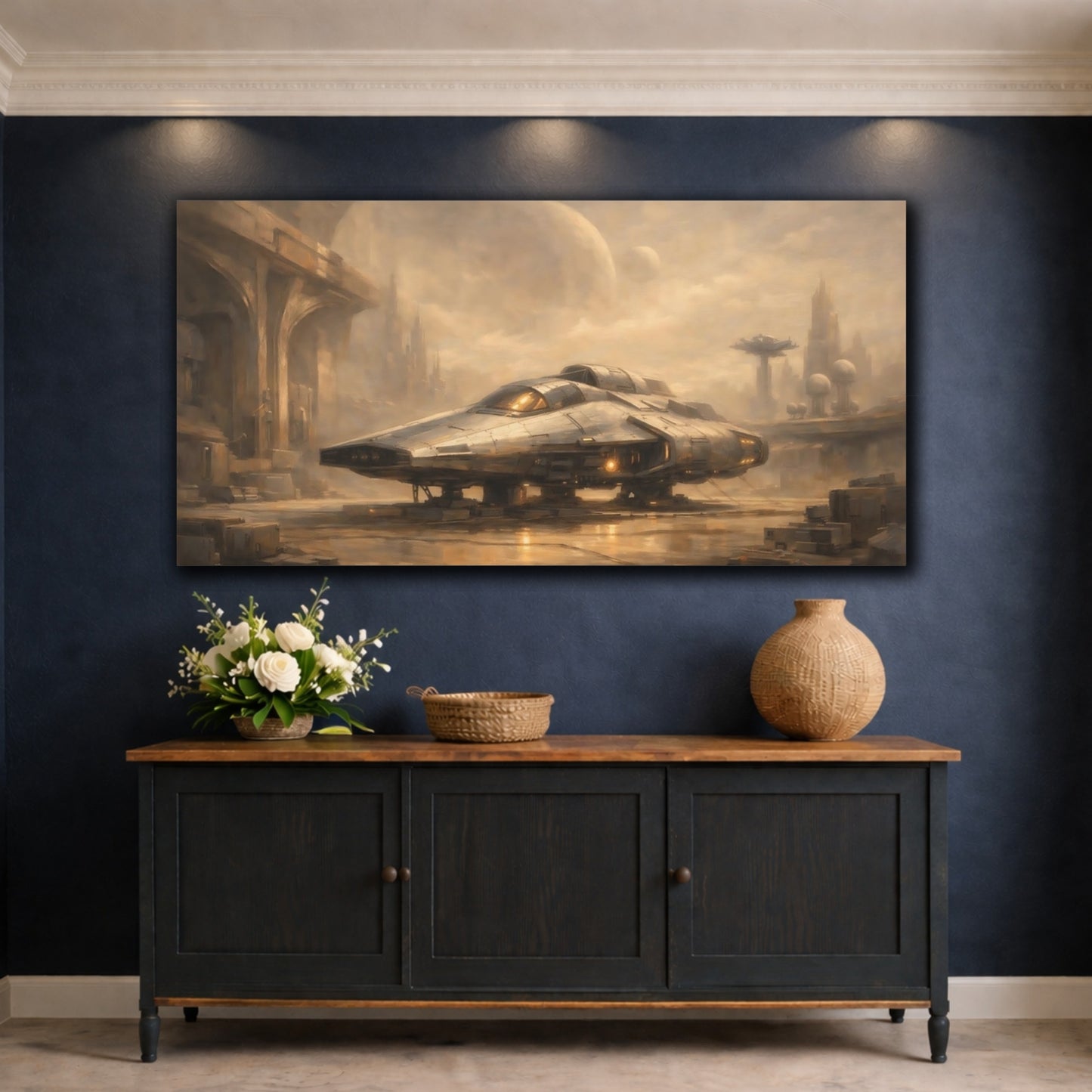 Mockup 4. Science Fiction Spaceship Brown And Gold shown as stretched canvas wall art
