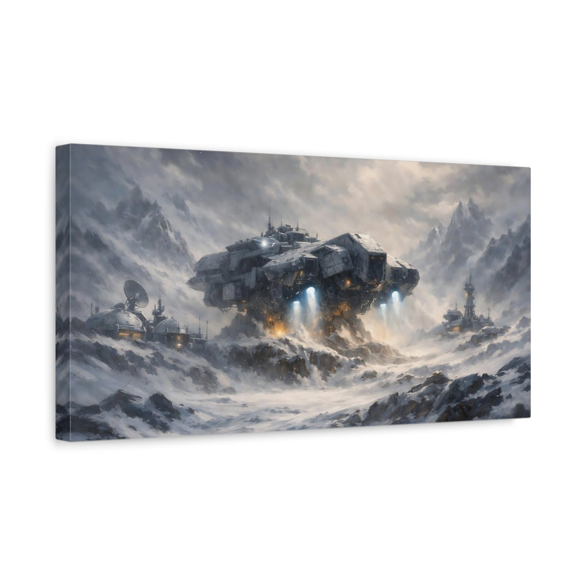 Side Mockup 3. Science Fiction Spaceship Gray Winter shown as stretched canvas wall art