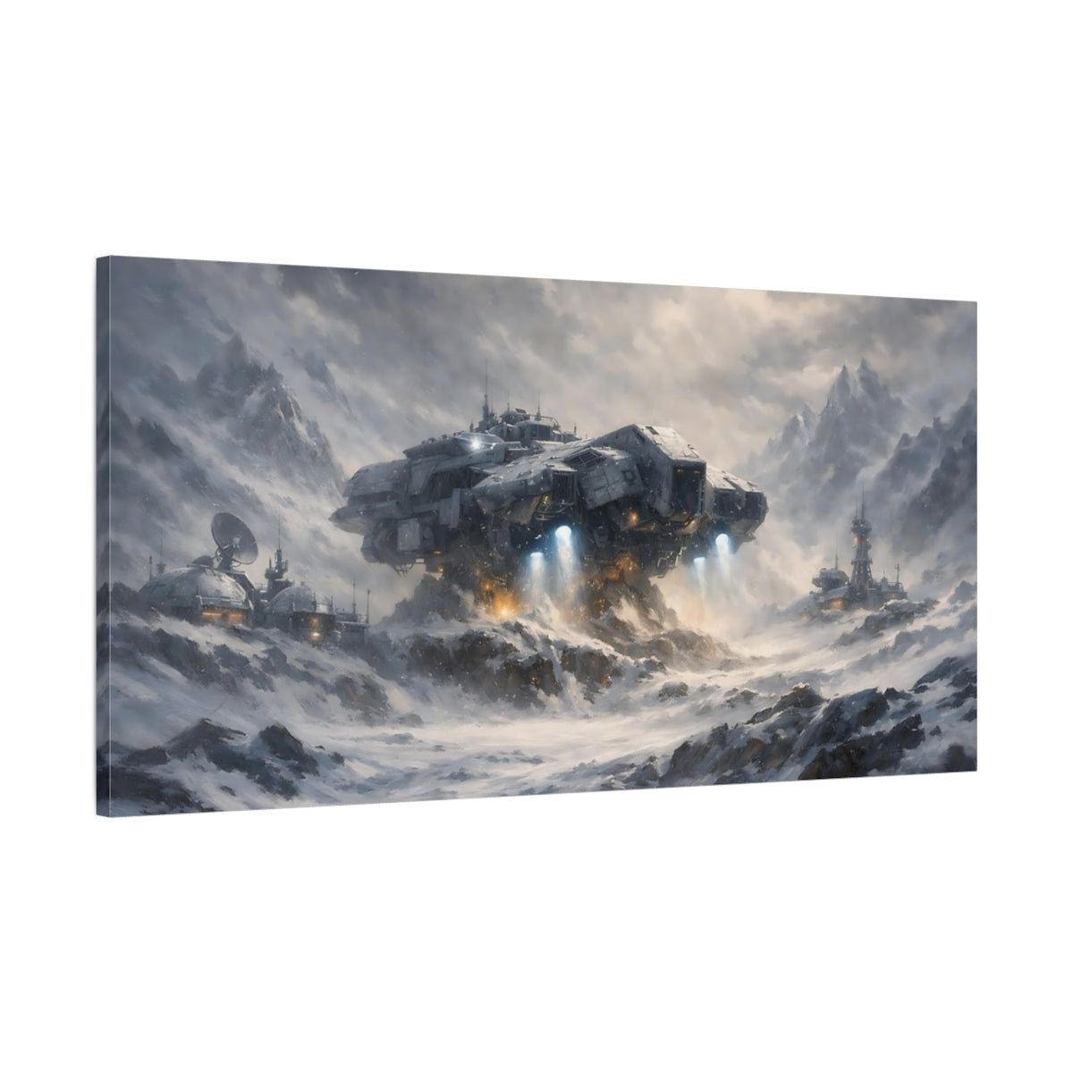 Side Mockup 1. Science Fiction Spaceship Gray Winter shown as stretched canvas wall art