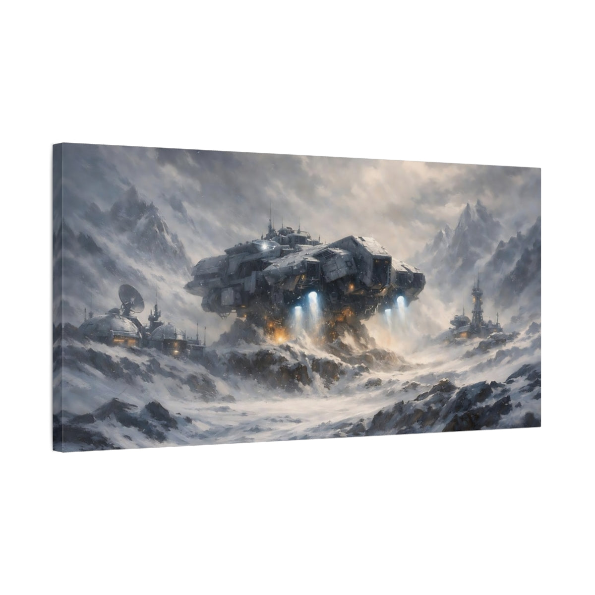 Side Mockup 2. Science Fiction Spaceship Gray Winter shown as stretched canvas wall art