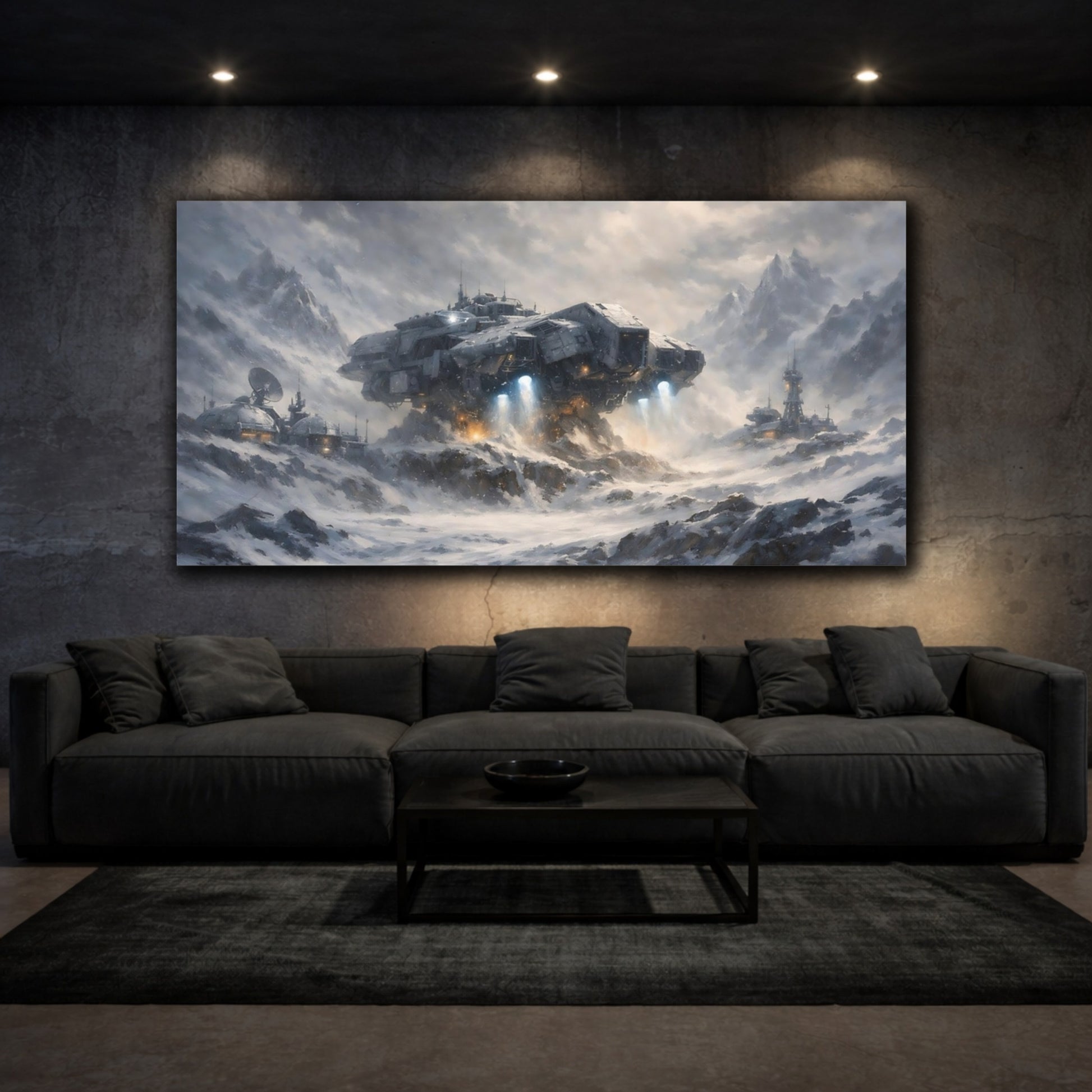 Mockup 2. Science Fiction Spaceship Gray Winter shown as stretched canvas wall art