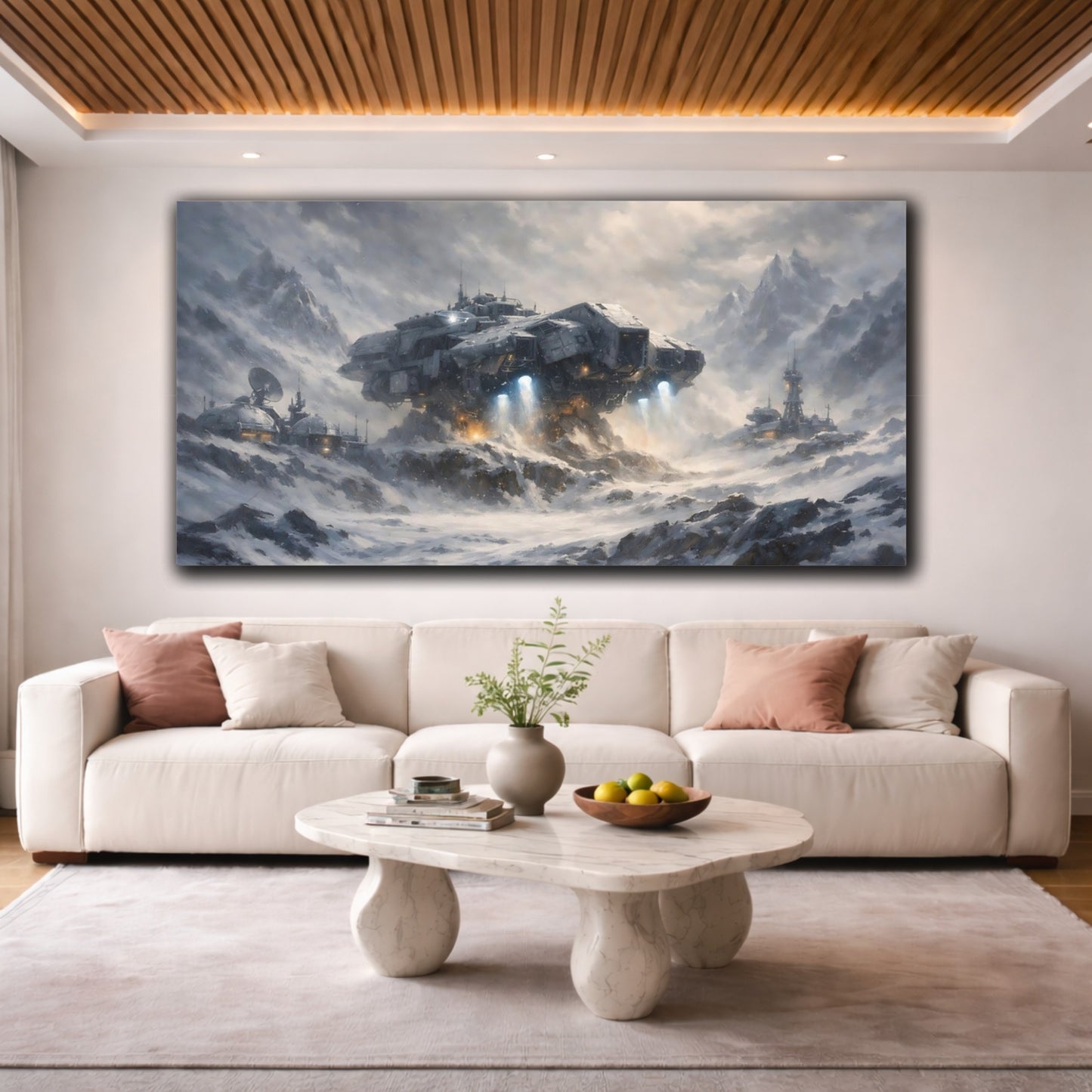 Mockup 3. Science Fiction Spaceship Gray Winter shown as stretched canvas wall art