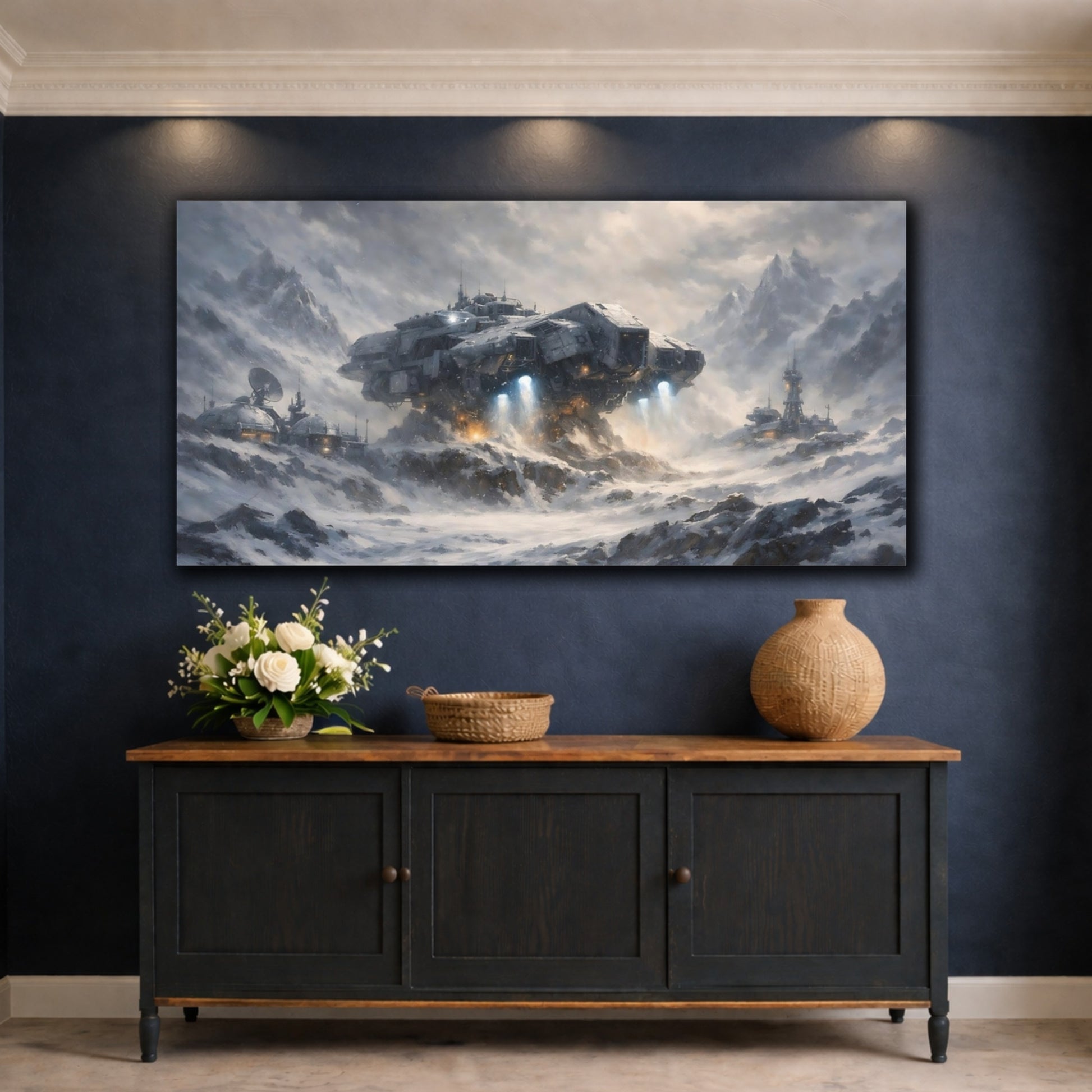 Mockup 4. Science Fiction Spaceship Gray Winter shown as stretched canvas wall art
