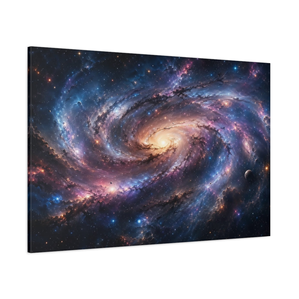 Side Mockup 1. Science Fiction Spiral Galaxy Colorful Galaxy shown as stretched canvas wall art