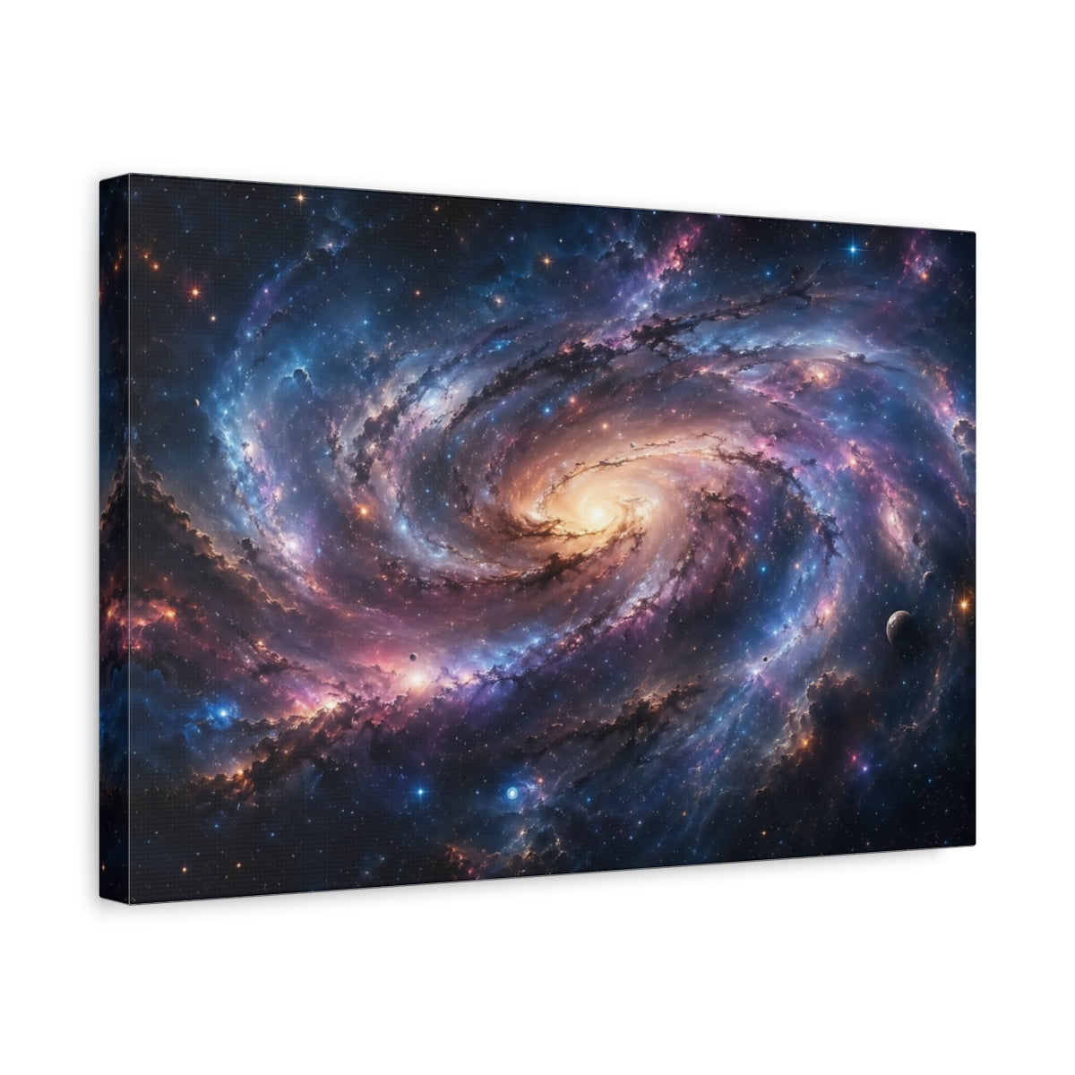 Side Mockup 4. Science Fiction Spiral Galaxy Colorful Galaxy shown as stretched canvas wall art