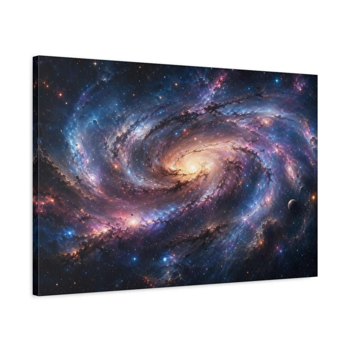 Side Mockup 2. Science Fiction Spiral Galaxy Colorful Galaxy shown as stretched canvas wall art