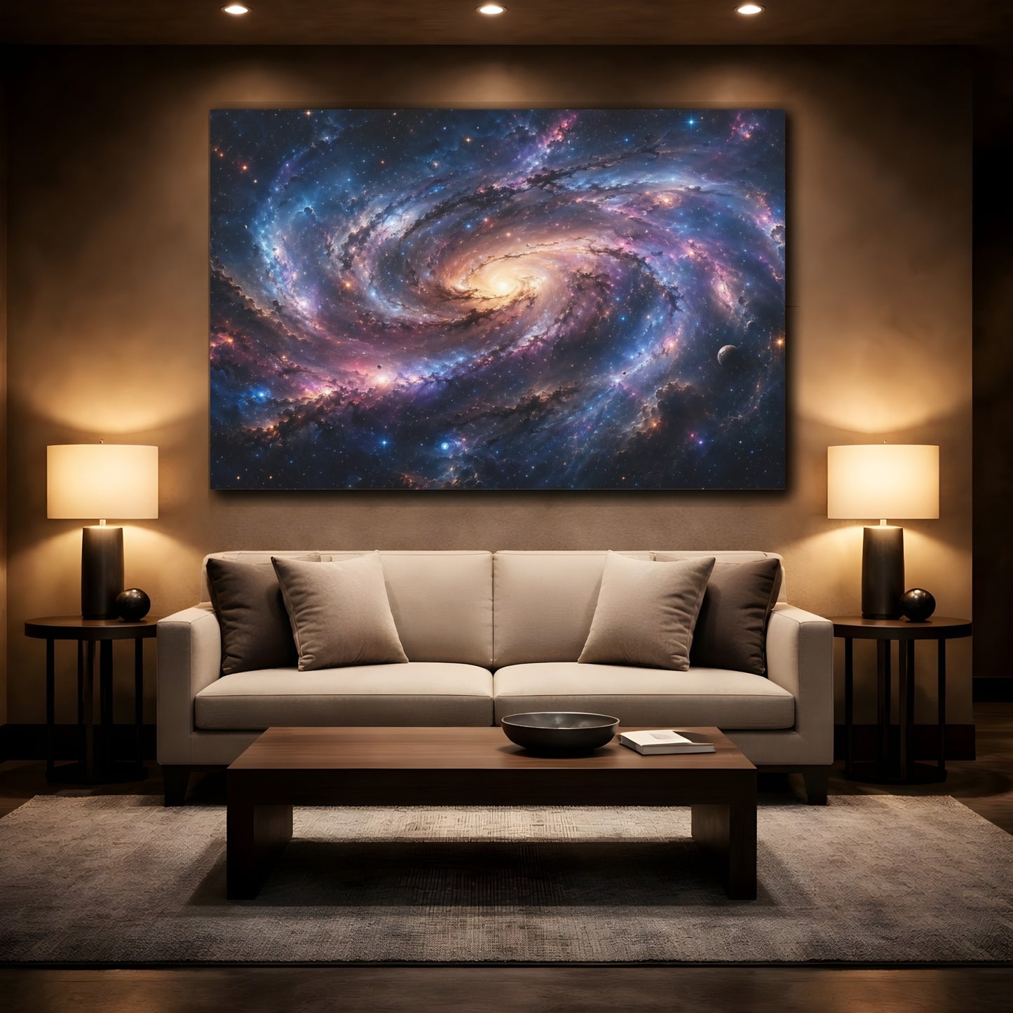 Mockup 2. Science Fiction Spiral Galaxy Colorful Galaxy shown as stretched canvas wall art