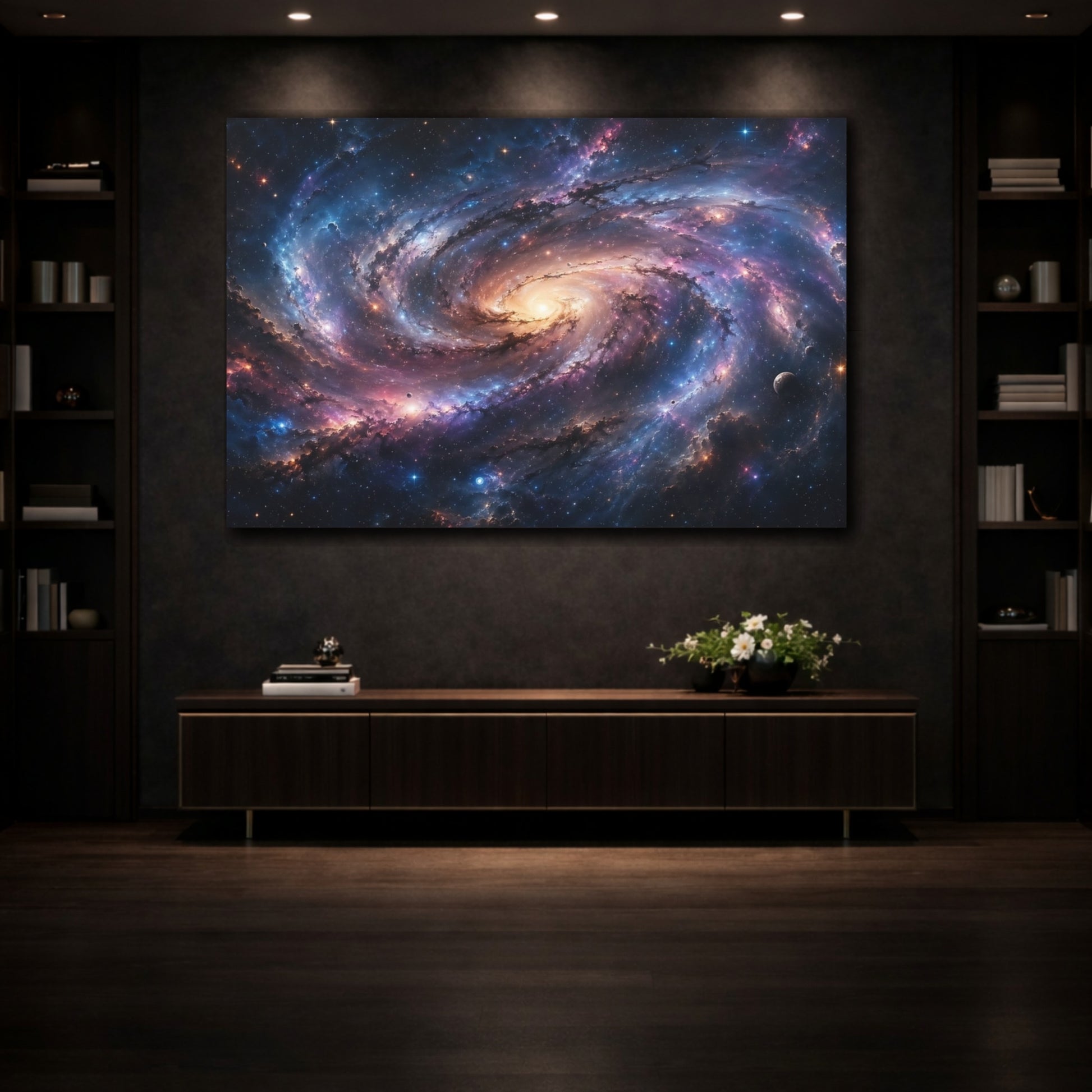 Mockup 3. Science Fiction Spiral Galaxy Colorful Galaxy shown as stretched canvas wall art
