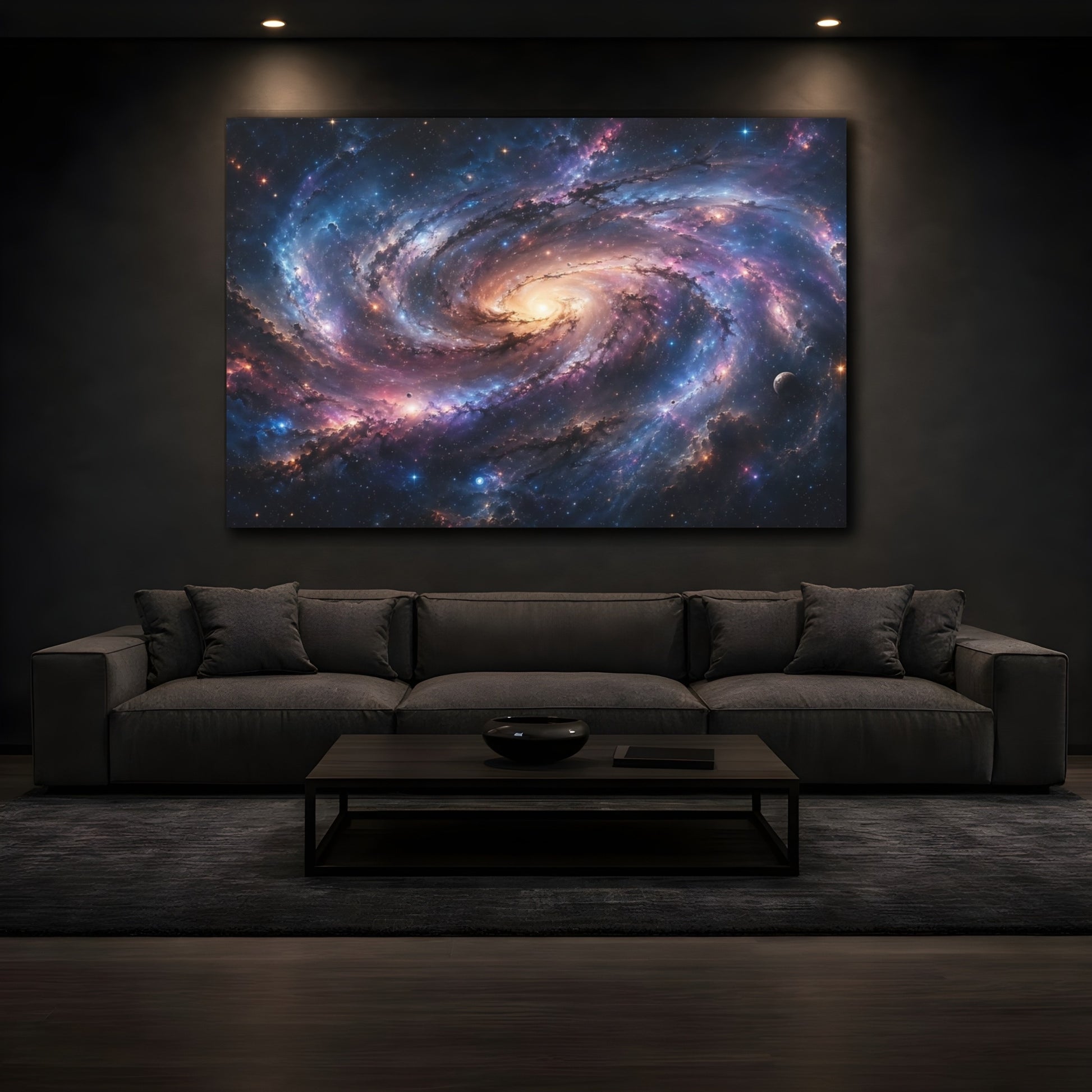 Mockup 4. Science Fiction Spiral Galaxy Colorful Galaxy shown as stretched canvas wall art