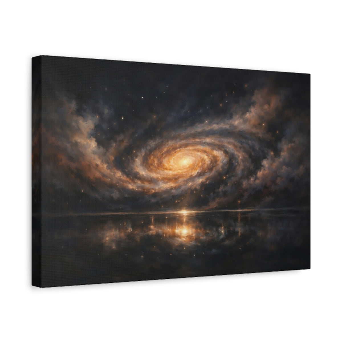 Side Mockup 4. Science Fiction Spiral Galaxy Dark Orange Galaxy shown as stretched canvas wall art