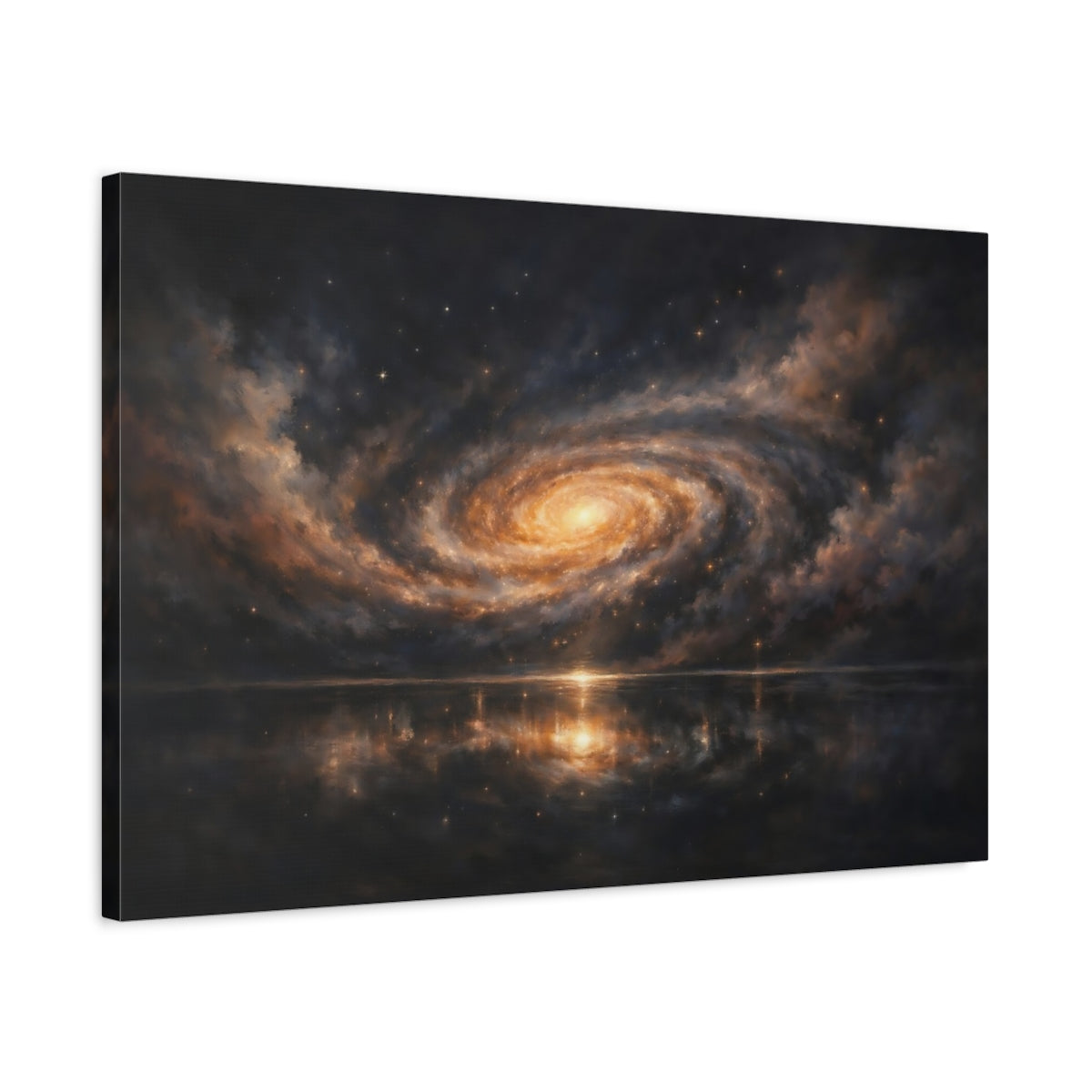 Side Mockup 2. Science Fiction Spiral Galaxy Dark Orange Galaxy shown as stretched canvas wall art