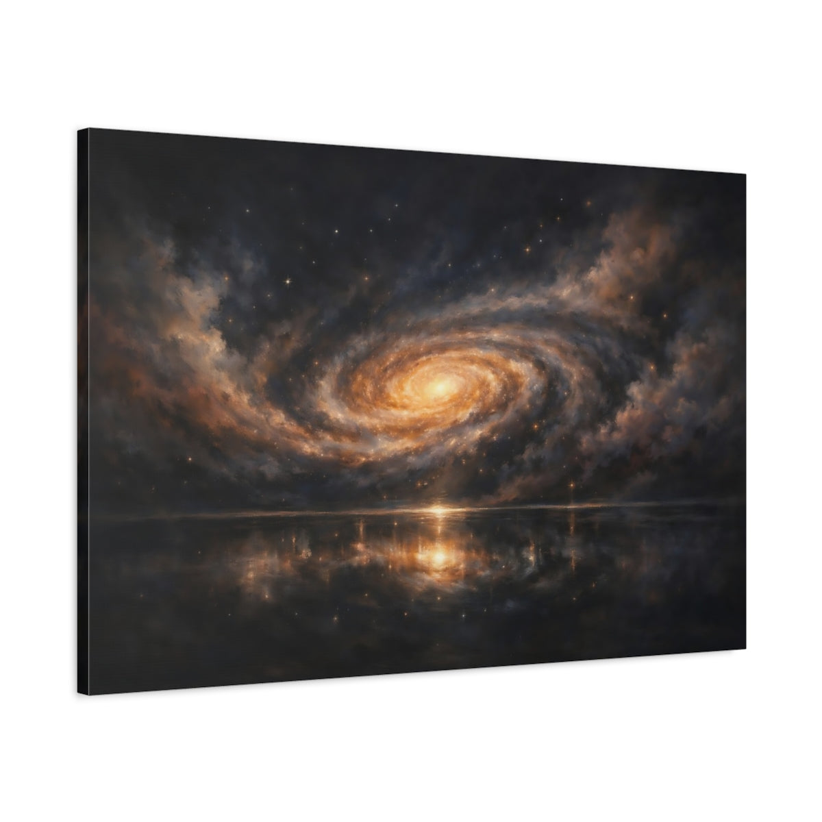 Side Mockup 1. Science Fiction Spiral Galaxy Dark Orange Galaxy shown as stretched canvas wall art