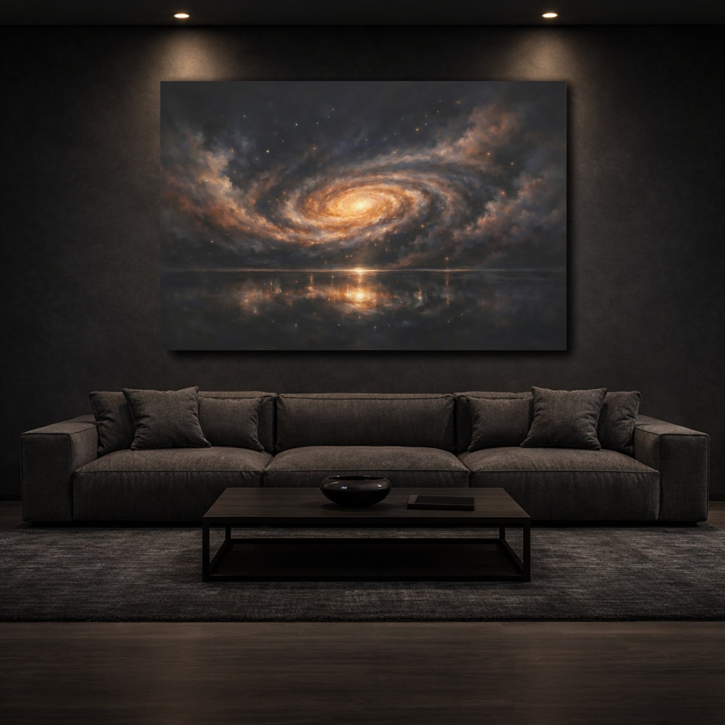 Mockup 2. Science Fiction Spiral Galaxy Dark Orange Galaxy shown as stretched canvas wall art