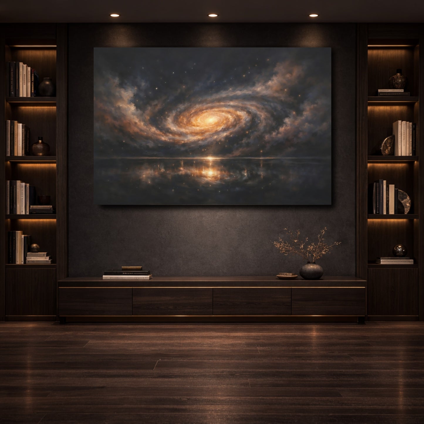 Mockup 3. Science Fiction Spiral Galaxy Dark Orange Galaxy shown as stretched canvas wall art