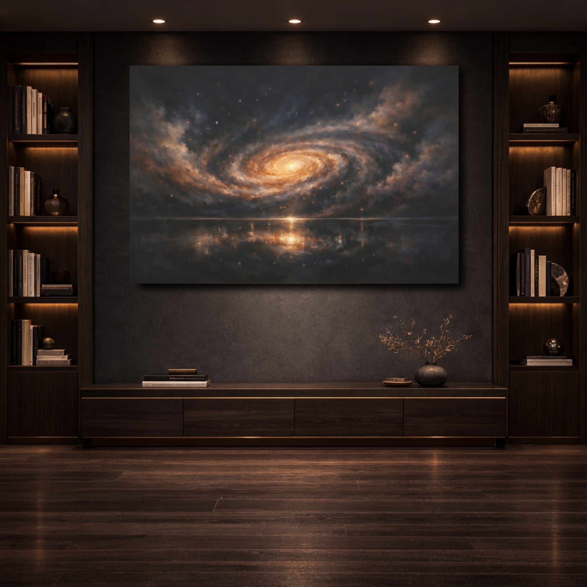 Mockup 3. Science Fiction Spiral Galaxy Dark Orange Galaxy shown as stretched canvas wall art